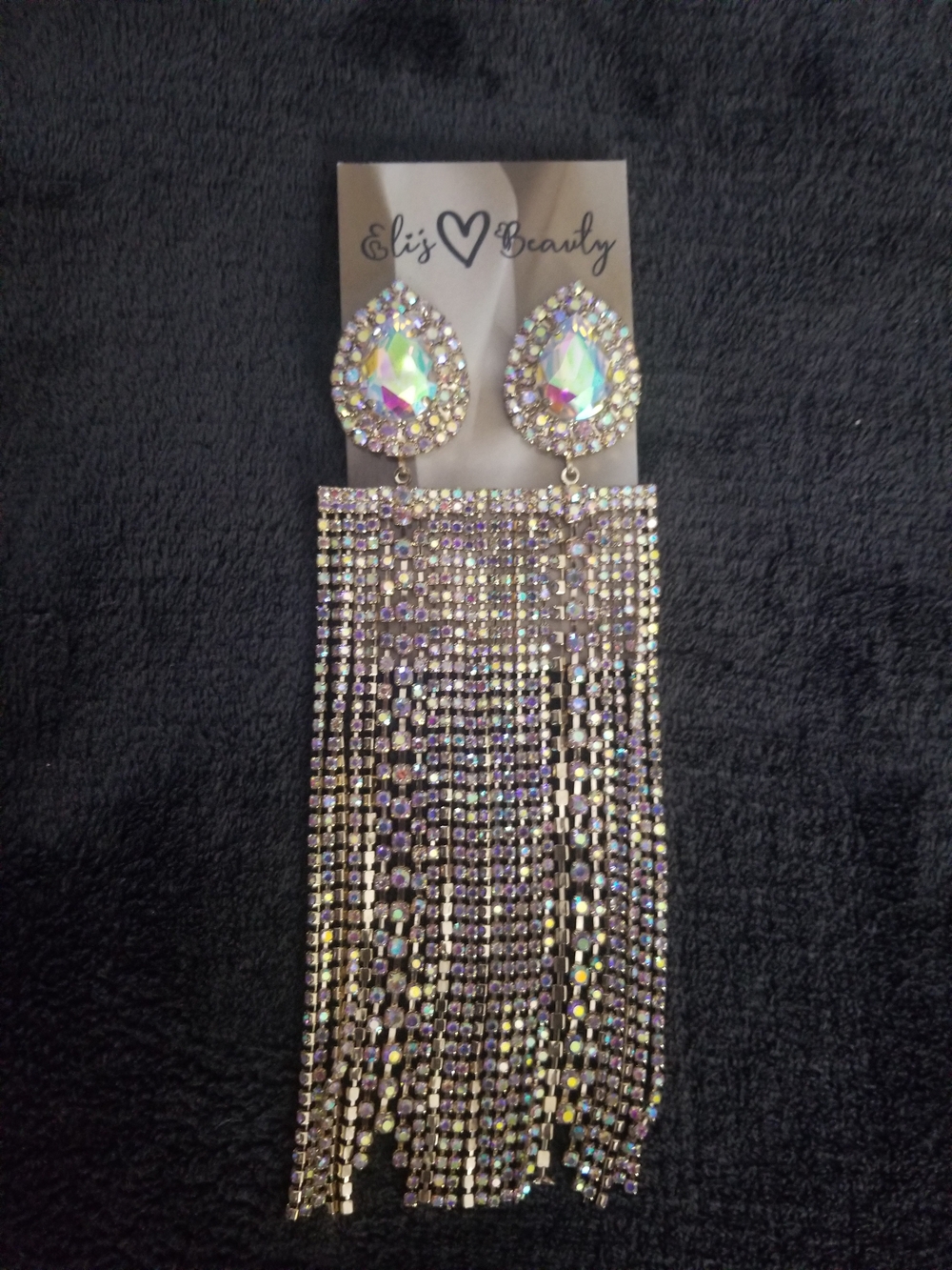 Iridescent Crystal Teardrop Fringe Earrings - Silver Tone